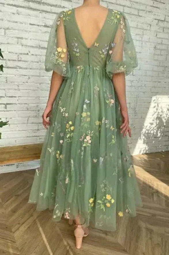 Vestidos cortos de fiesta con escote en V verde, mangas cortas, largo hasta el tobillo, de tul floral