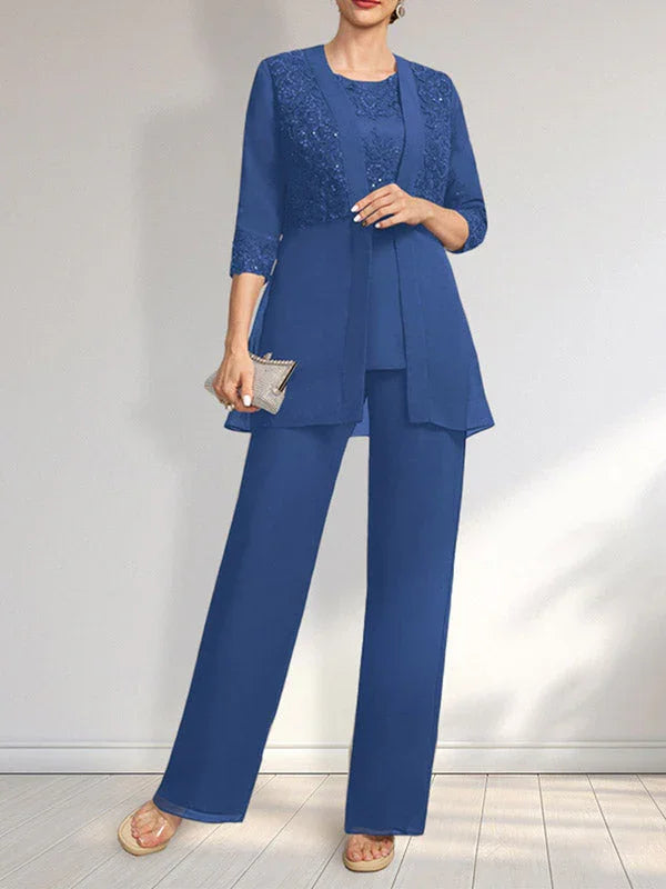Combinaison/Pantalon Séparés Col Rond Longueur Sol en Mousseline Dentelle Robe de la Mère de la Mariée avec Paillettes