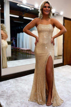 Burgundy Sequin Lace-Up Back Long Prom Dress with Slit