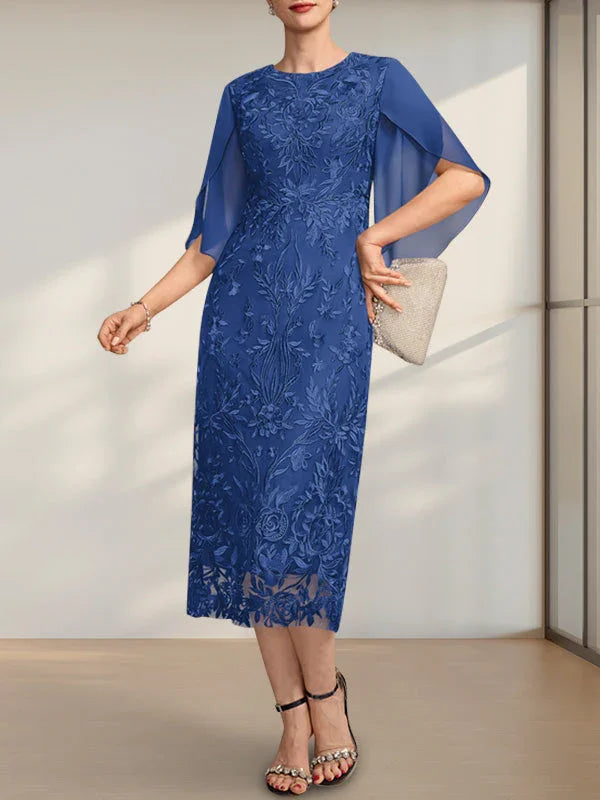 Sheath/Column Scoop Tea-Length Lace Chiffon Mother of the Bride Dress