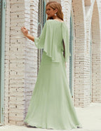 Bridesmaid Dress Women Long Sleeve V-Neck Chiffon Formal Wedding Party Dress 28018