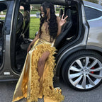 Vestido de noche largo de satén lujoso con cuentas y plumas, abertura larga, vestido de gala Y7948