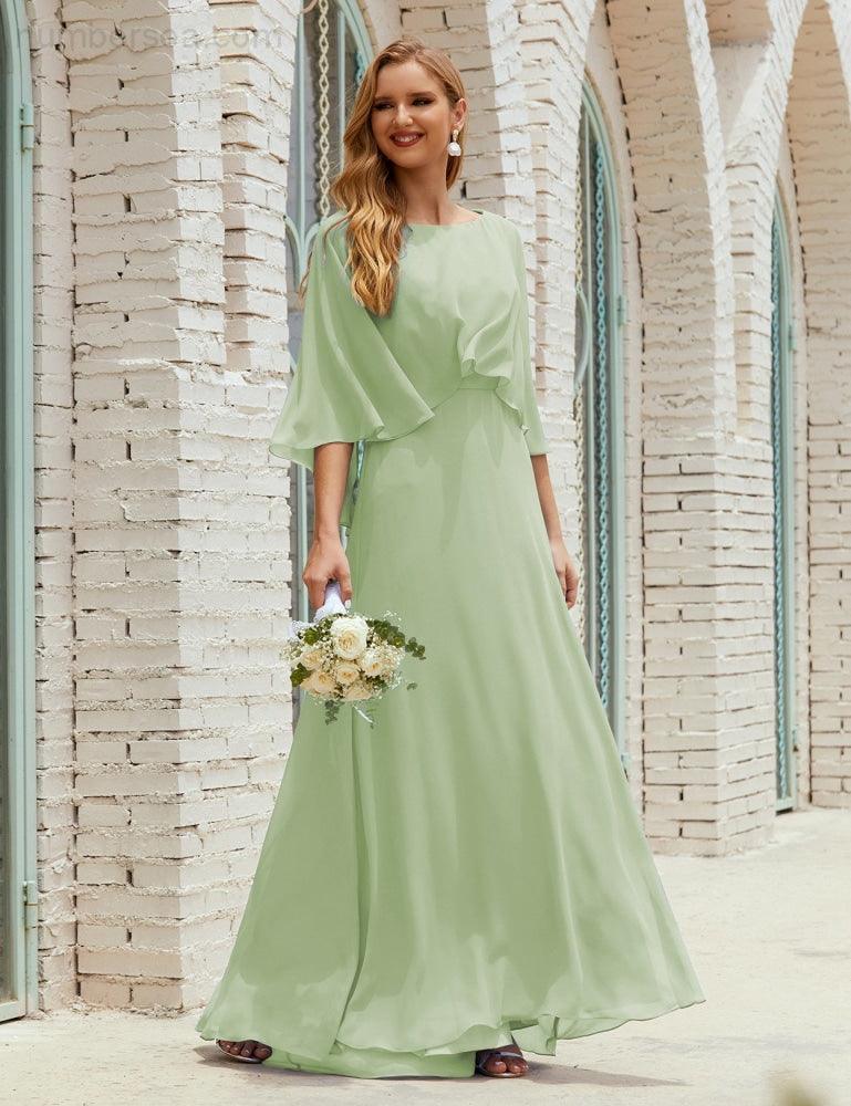 Bridesmaid Dress Women Long Sleeve V-Neck Chiffon Formal Wedding Party Dress 28018