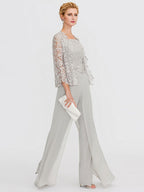 3 Piece Chiffon Square Neck Mother of the Bride Pantsuits with Jacket