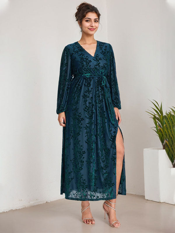A-Line V-Neck Long Sleeves Velvet Tea-Length Mother of the Bride Dress With Split