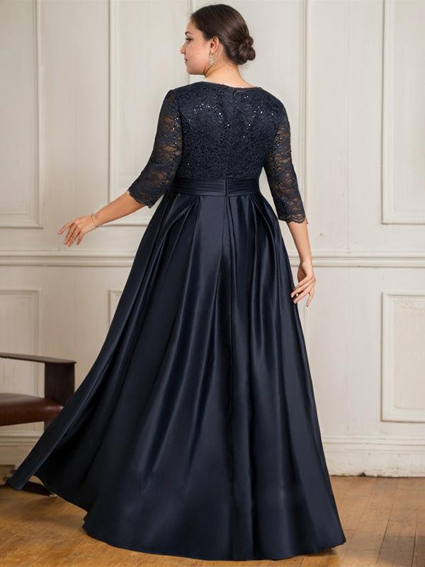 A-line V-Neck Floor-Length Satin Lace Mother of the Bride Dress With Sequins Bow