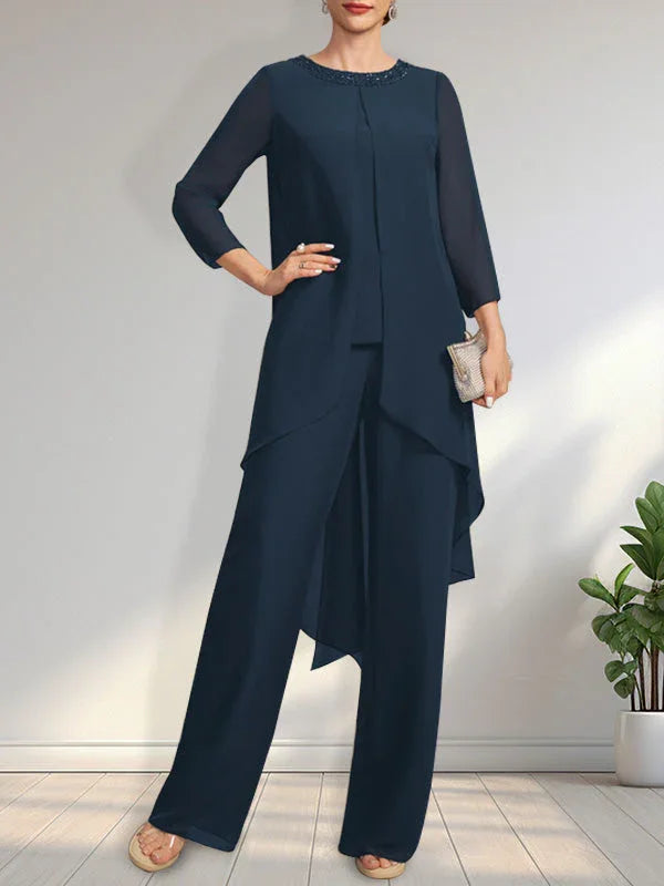 Mono/Pantalón Separado con Escote Redondo, Largo hasta el Suelo, de Gasa, Vestido de Madre de la Novia con Lentejuelas y Cuentas