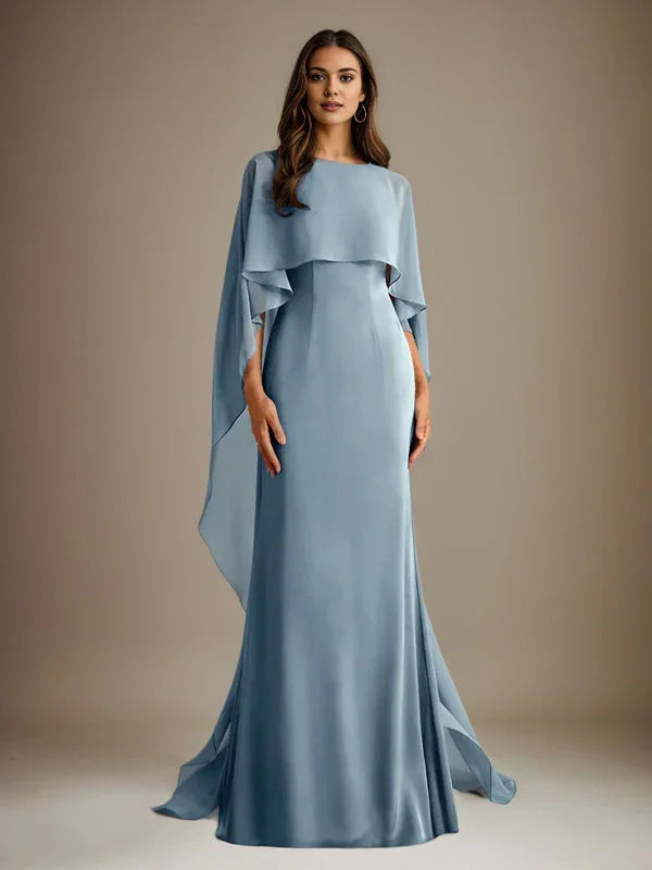 Robe mère de la mariée en mousseline, coupe droite/col bateau, longueur au sol, avec volants en cascade