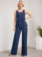 Macacão/Conjunto de Calças com Decote Redondo, Comprimento até ao Chão, em Renda e Chiffon, Vestido de Mãe da Noiva com Lantejoulas