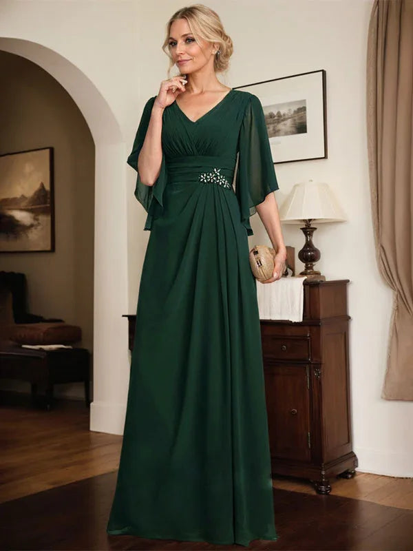 Vestido de Mãe da Noiva em Chiffon, Comprimento até ao Chão, Decote em V, Modelo Coluna com Pregas e Bordados de Lantejoulas
