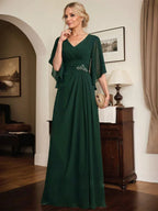 Vestido de Mãe da Noiva em Chiffon, Comprimento até ao Chão, Decote em V, Modelo Coluna com Pregas e Bordados de Lantejoulas