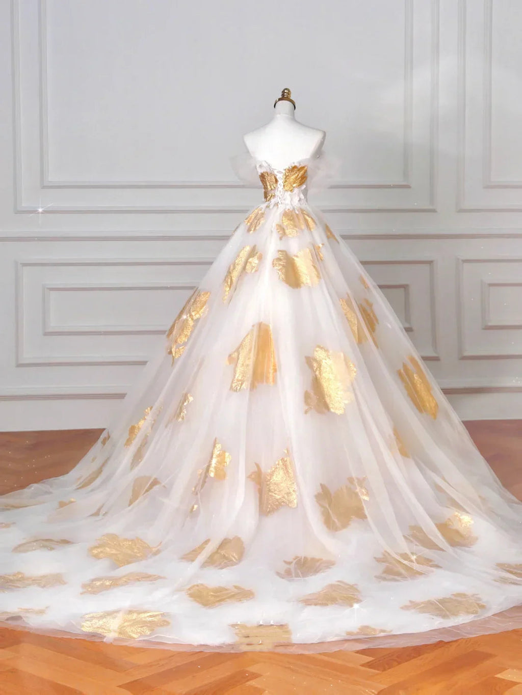Wunderschönes goldfarbenes Tüllkleid mit schulterfreiem Ausschnitt, Ballkleid, A-Linien-Abendkleid, Abschlussballkleid Y8618