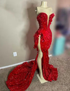 Vestido largo de fiesta con lentejuelas brillantes rojo con escote corazón para niñas negras, vestido de cumpleaños con plumas, vestido de noche con abertura alta Y6599