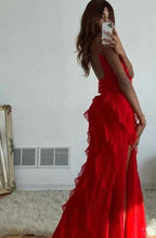 Vestido formal comprido com folho vermelho vestidos de noite elegantes Y6823