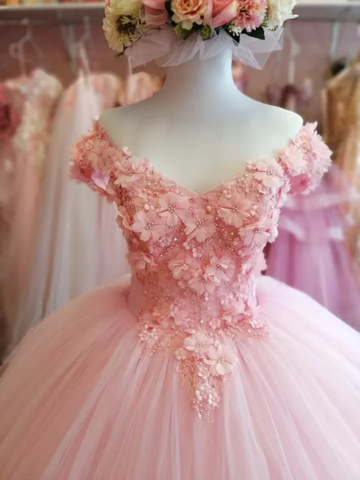 Vestido de baile romântico cor-de-rosa em tule com apliques Y2685