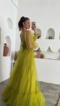 Vestido de baile de fada verde para adulto, vestido longo de baile com corpete em tule Y6148