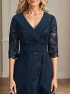 A-line Collared V-Neck Floor-Length Lace Chiffon Mother of the Bride Dress With Sequins Cascading Ruffles