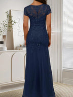 Abito in tulle con scollo a sirena e paillettes blu marina scuro