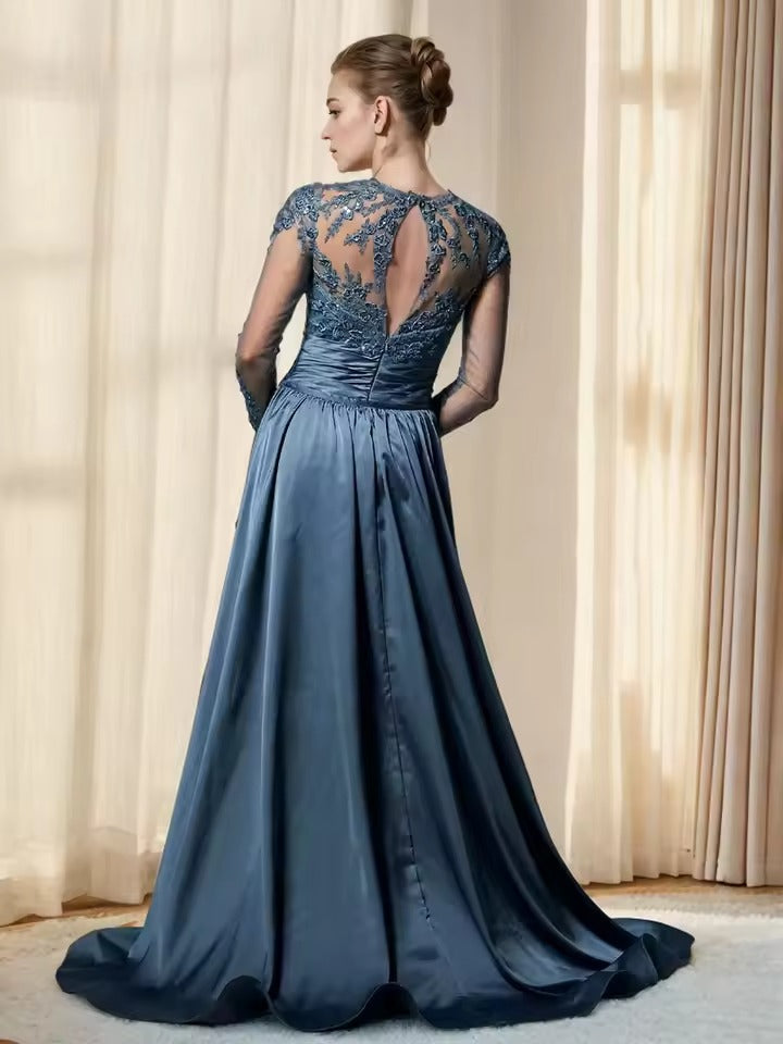 Vestido de Festa Branco Elegante com Aplicações de Renda em Tule, Mangas Compridas, Modelo Linha A, Vestido de Noite Y8514