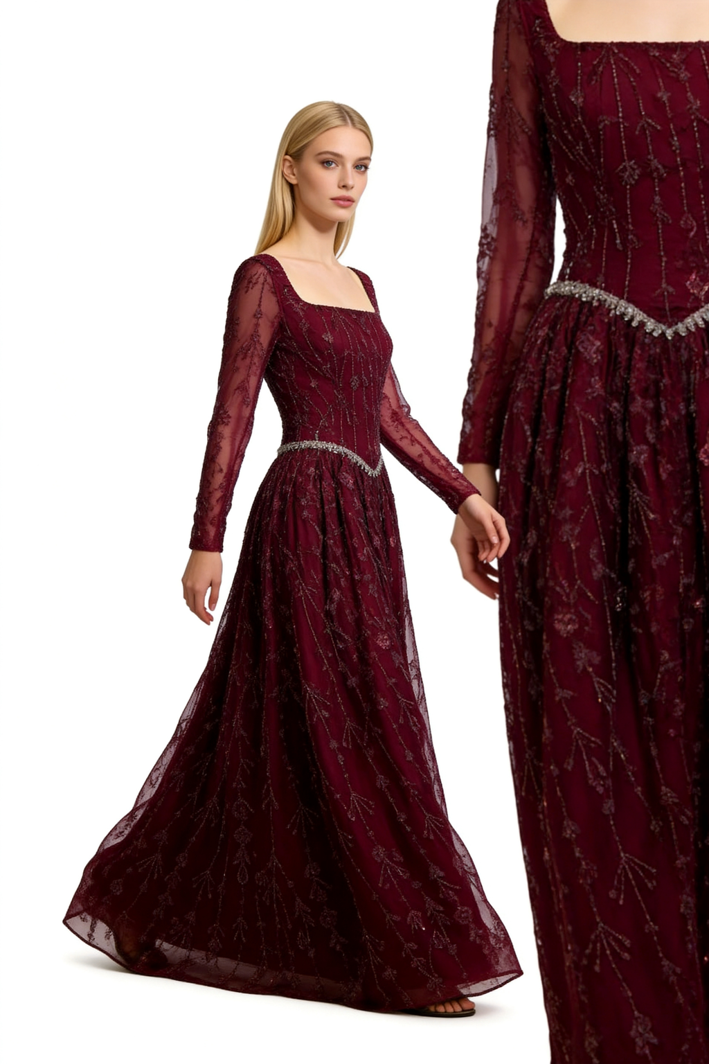 Luxuriöses Abendkleid in Salbeigrün mit Perlenbesatz und langen Ärmeln LA72805B
