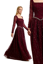 Luxuriöses Abendkleid in Salbeigrün mit Perlenbesatz und langen Ärmeln LA72805B