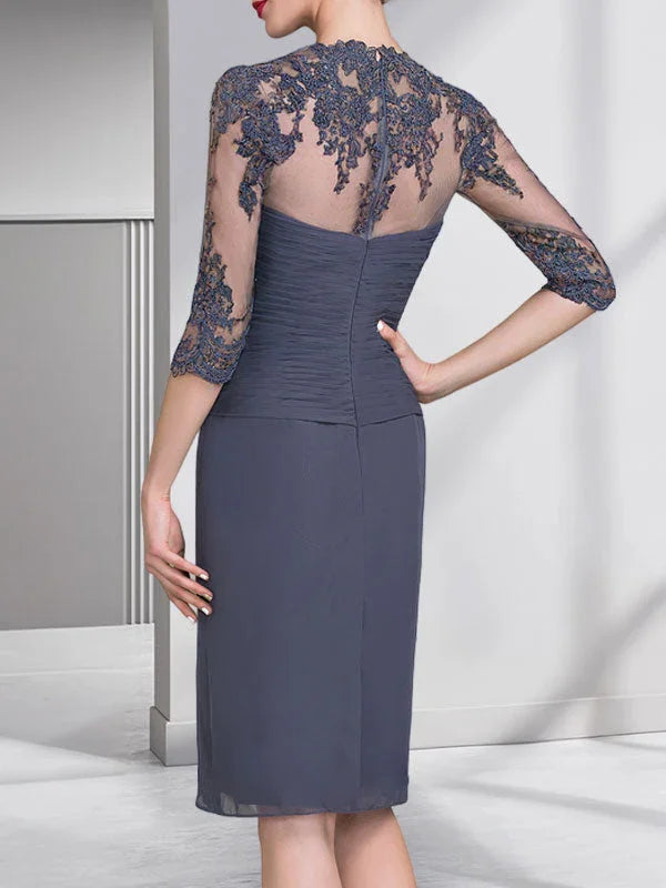 Vestido de madrina de novia de gasa con apliques de cuentas, encaje, lentejuelas y pliegues, largo hasta la rodilla, corte tubo y columna, con escote corazón