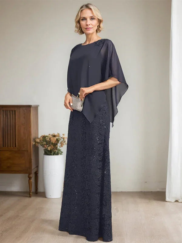 Etui/Säulenförmiges Bodenlanges Kleid aus Chiffon und Spitze für die Brautmutter mit Paillettenperlenstickerei