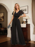 Tuta elegante da sera in chiffon, scollo a V, lunghezza fino al pavimento