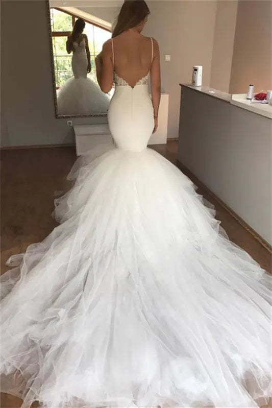 Spaghetti Strap Mermaid Wedding Dress With Appliques And Train