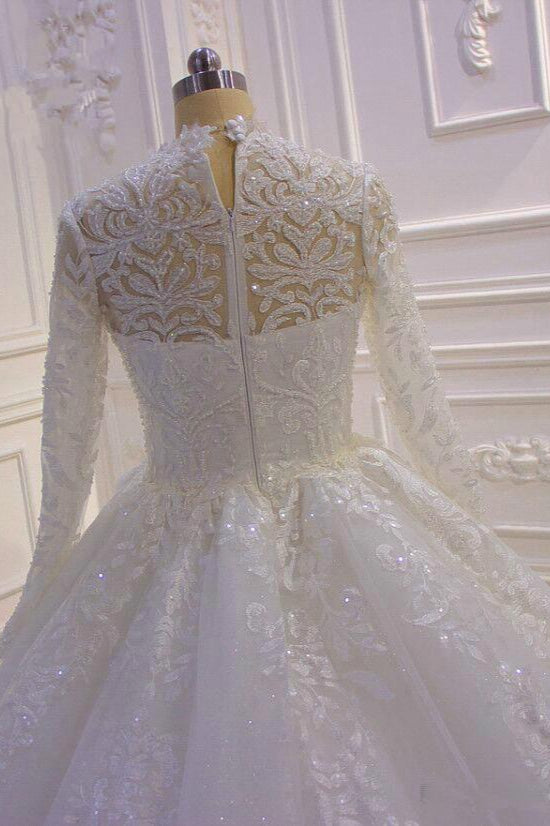 Simple Ball Gown Wedding Dress With Ruffles High Neck Applique Lace Long Sleeves