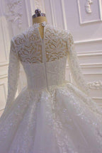 Simple Ball Gown Wedding Dress With Ruffles High Neck Applique Lace Long Sleeves
