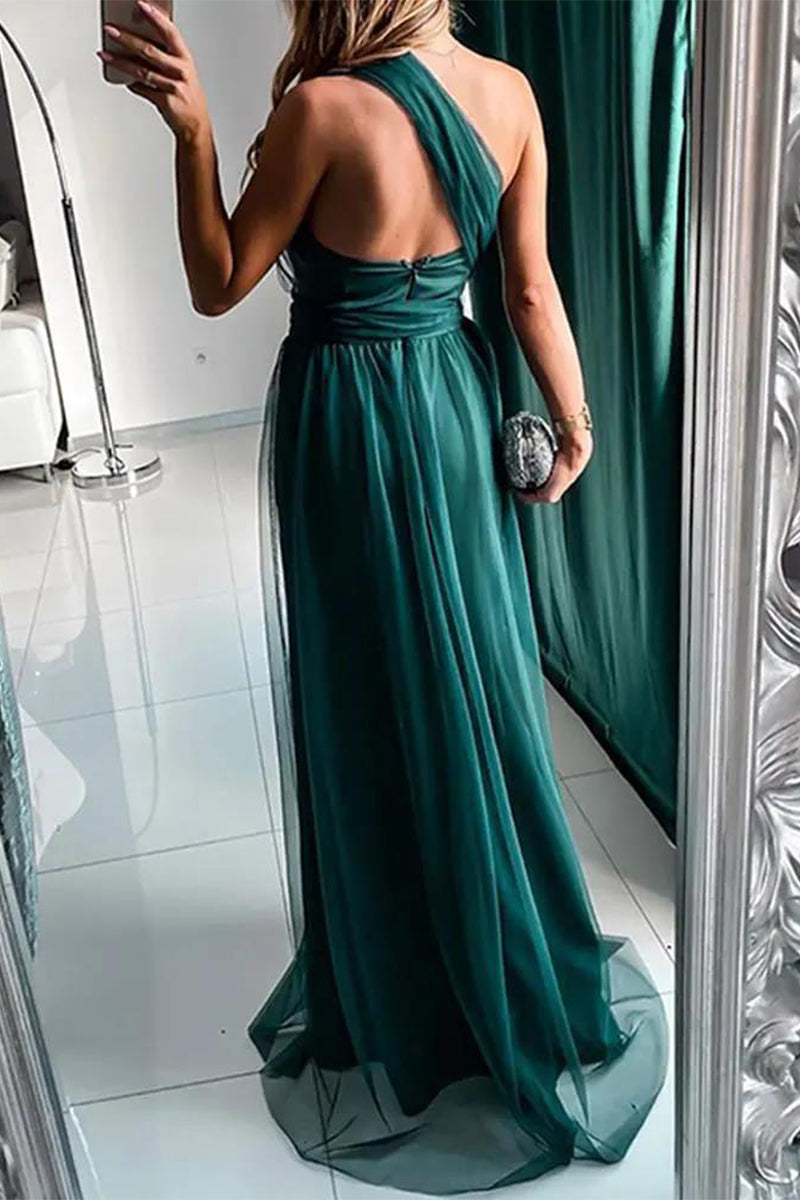 Vestidos de Noite Sexy para Baile de Finalistas com Abertura e Transparências em Tule e Ombro Descaído