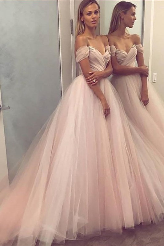 Elegante abito lungo a linea ad A in tulle con spalle scoperte per ballo di fine anno