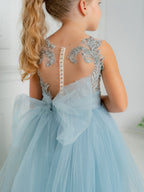 Blue Sleeveless Ball Gown For Flower Girls With Beads And Sequins