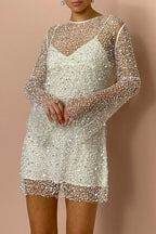 Robe courte en tissu à paillettes et perles scintillantes avec jupon séparé