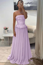 Chic Strapless Sleeveless Long Pleated Beaded Custom Prom Dress