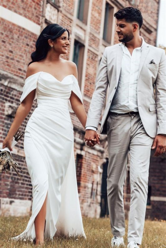 Charmeuse Off The Shoulder Wedding Dress With Split Silhouette