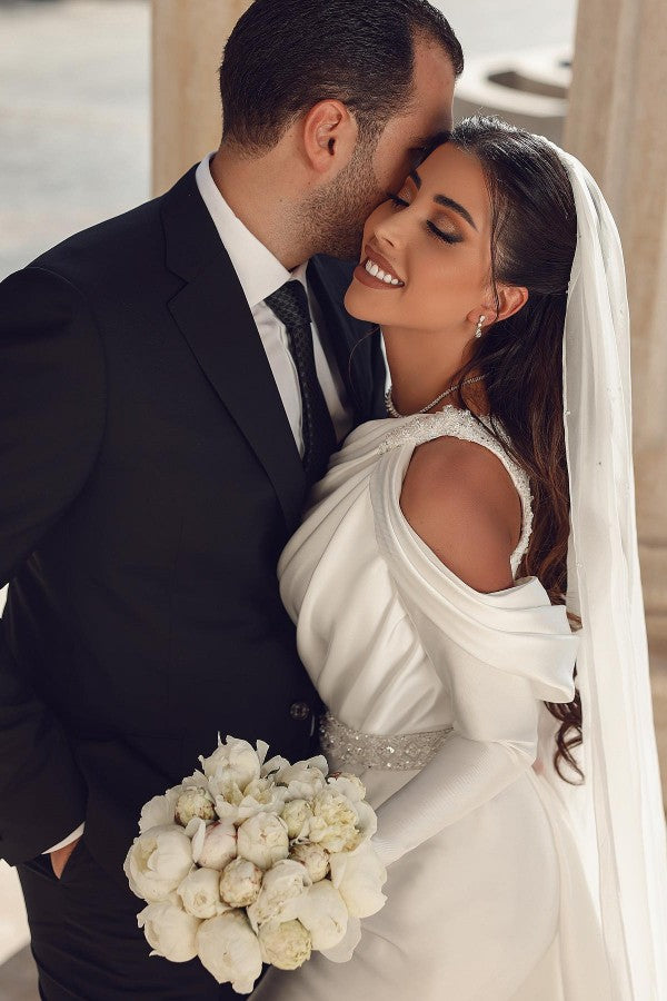One Shoulder Mermaid Satin Wedding Dress With Overskirt And Backless