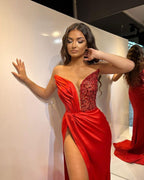 Vestidos de Baile Formais de Cetim com Decote em V e Fenda Alta Estilo Sereia Longa