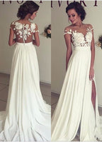 Luxury Ruffles A-Line Chiffon Lace Wedding Dress With Side Slit Appliques