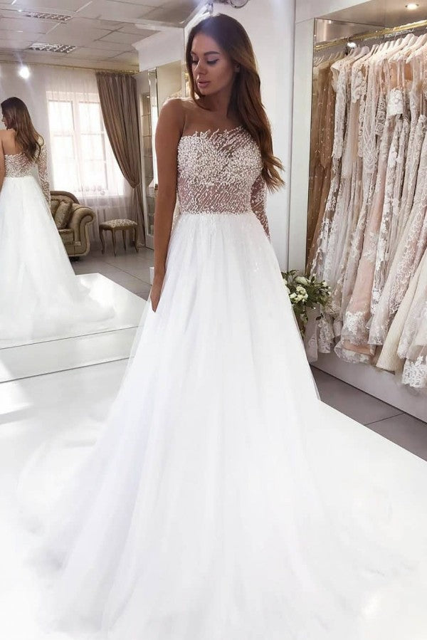 Long Sleeve Bateau Floor Length A Line Wedding Dress With Pearl Lace
