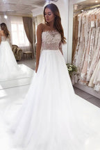 Long Sleeve Bateau Floor Length A Line Wedding Dress With Pearl Lace