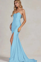 Strapless Sleeveless Long Mermaid Prom Dress With Slit Pleated Custom Colors