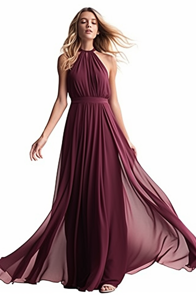 Abito lungo da sera in chiffon senza maniche con collo all'americana e pieghe eleganti