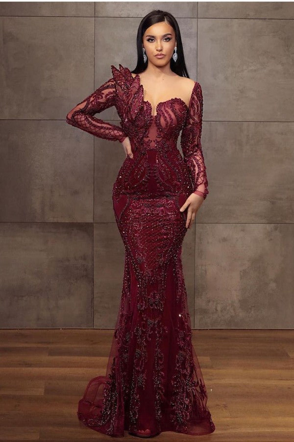 Burgundy Long Sleeve Prom Dress Mermaid Silhouette With Beading And Appliques