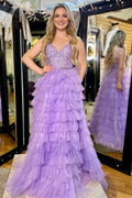 Appliques V-Neck Ruffle Tiered Long Prom Dress