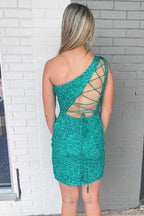 Enges, himmelblaues Homecoming-Kleid mit einer Schulter