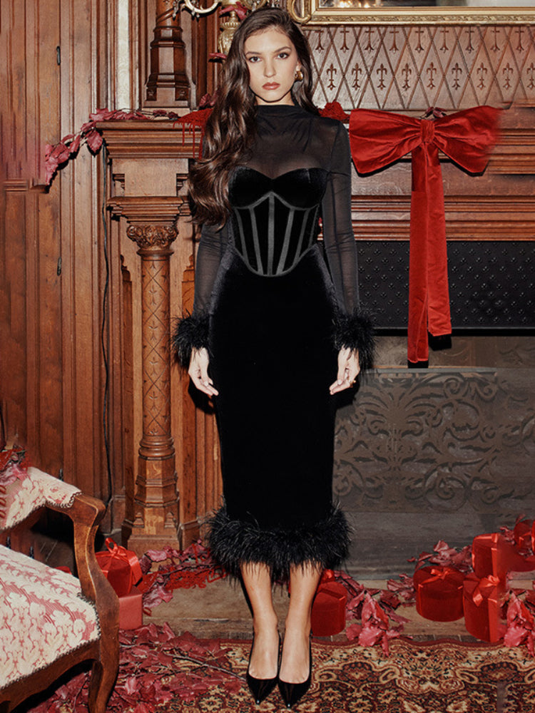 Robe Maxi Femme en Maille TARUXY à Empiècement, Taille Haute, Coupe Slim, Plumet, Élégante, Rétro, pour Soirée ou Fête