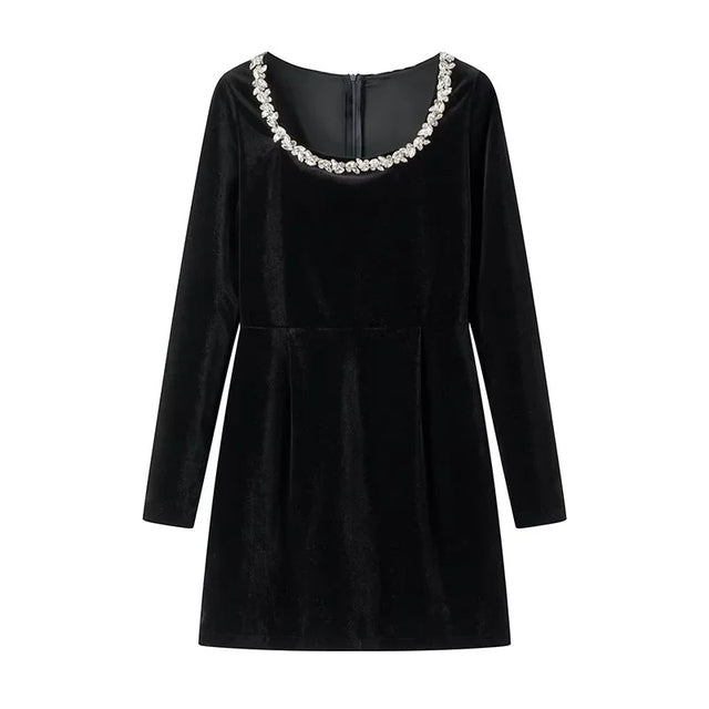 Abito in velluto a coste con perle TARUXY per donna, manica lunga, nero, aderente, formale, elegante, retrò, da sera, per feste, donna