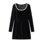 Abito in velluto a coste con perle TARUXY per donna, manica lunga, nero, aderente, formale, elegante, retrò, da sera, per feste, donna